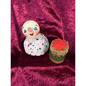 Vintage Pin Cushion Set – Mid Century Jester Clown and Drum - Tape Measure Nose